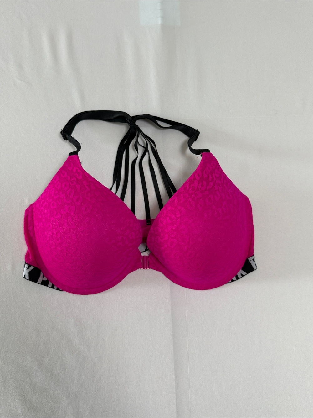 PINK Victoria's Secret Hot Pink Strappy Front-Closure Bra Sz 34DD